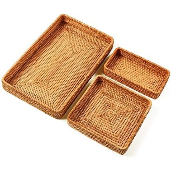 Set of 3 Handmade Rattan Rectangle Serving Tray Wicker Serving Organizer Tabletop Fruit Platter with 2?Wall, 14 Inch Decorative Food Bread Drinks Snack Storage Serving Basket Tray Bowl, Brown, 3-Size