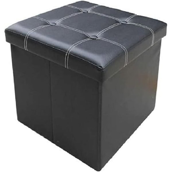 Ottoman with Storage Cube, Foldable Cube Footstool Storage, Leather Small Ottomans Bench Foot Rest Stool, Folding Toy Box Chest - Padded for Space Saving (BLACK)