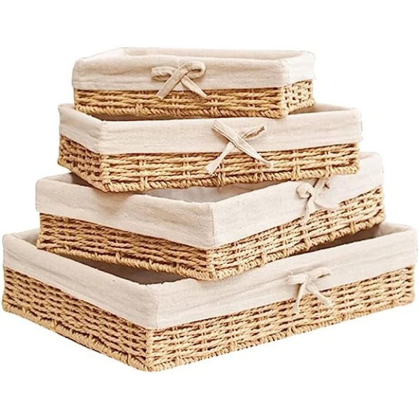 4Pcs Rattan Storage Basket Rectangular Wicker Basket Bins Tabletop Storage Basket with Liners for Gift Toys Fruit Bread Foo