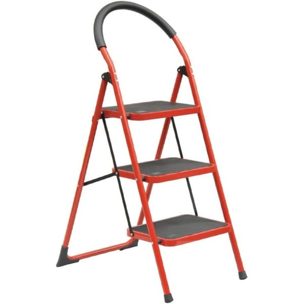 Folding 3 Step Ladder Portable Space Saving Lightweight Ladders with Sturdy Steel and Anti-Slip Wide Pedal, Multi-Use for Household, Market, Office (RED)