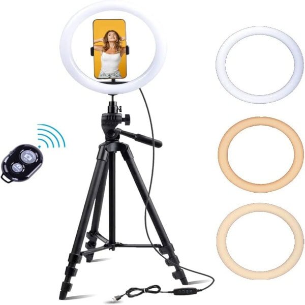 10" Selfie Ring Light with 40" Extendable Tripod Stand Phone Holder for Live Stream/Makeup, Mini Desktop Led Camera Ringlight for Video,3 Color Modes, USB Powered