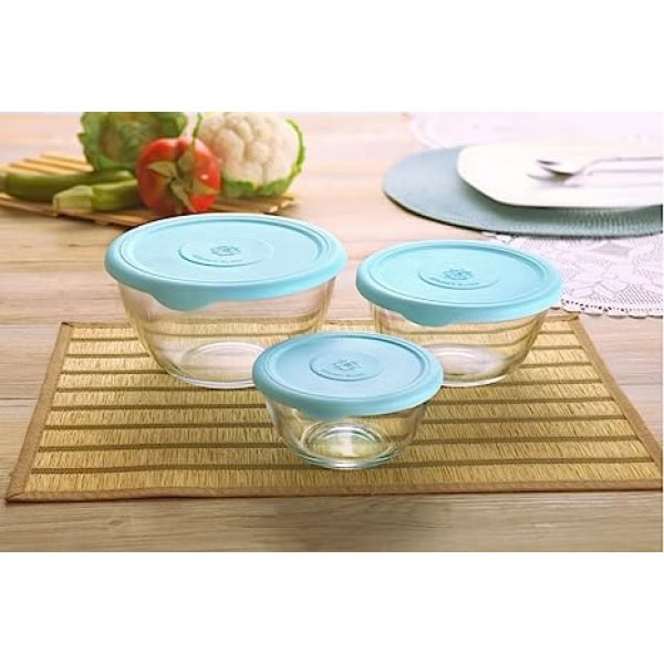 Rose glass storage bowl 3pcs set with Lids. Microwave Safe And Lead Free For Freezer And Plastic Lids with the best materials (Blue lids color)