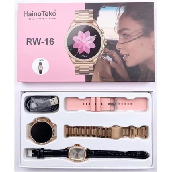 Haino Teko Germany Smart Watch RW16 Bluetooth HD Calling with Two Set Strap and One Analog Watch For Ladies and Girls