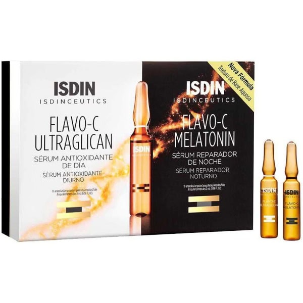 Isdin Isdinceutics Day And Night Pack | Flavo-C Ultraglican (10 Ampoules) And Flavo-C Melatonin (10 Ampoules) | Daily Antioxidant Serum And Night Recovery Serum