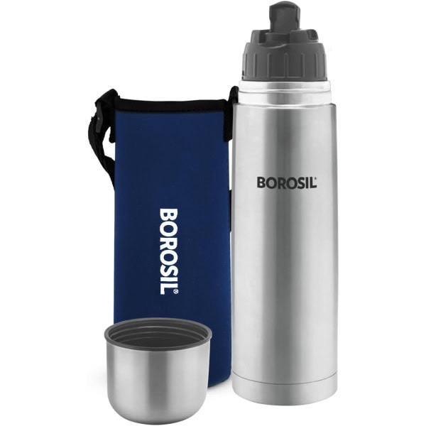 Borosil Stainless Steel Hydra Thermo Double Wall Copper Coated Inner Vacuum Insulated Flask with Blue Jacket |Water Bottle|Thermos|Sports Bottle|Yoga Bottle|Outdoor|Reusable Leak Proof 1000 ml