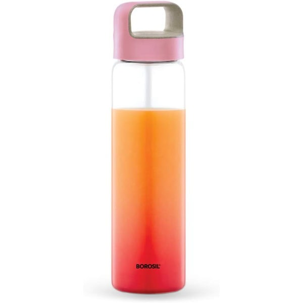 Borosil Crysto Glass Water Bottle|Fridge Bottle|Sports Bottle|Yoga Bottle|Outdoor|Picnic|Easy to Carry|Leak Proof|Resusable Pink Lid and Handle,750 ML Transparent|Clear| See Through