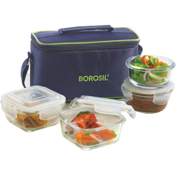 Borosil ITSQ32RN24UEC Glass Universal Lunch Box Set of 4, (2pcs 320 ml sqr + 2pcs 240 ml Rnd) Microwave Safe Office Tiffin