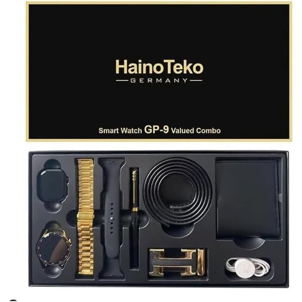 Haino Teko Germany GP9 Valued Combo Two Smart Watch with Wireless Charger and Men's Leather Wallet and Belt, Pen Gift Box