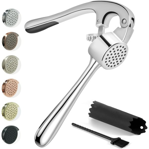 Premium Garlic Press, Garlic Mincer Set with Silicone Roller Peeler & Cleaning Brush, Easy to Squeeze and Clean, Rust Proof & Dishwasher Safe, Professional Efficient Ginger Crusher