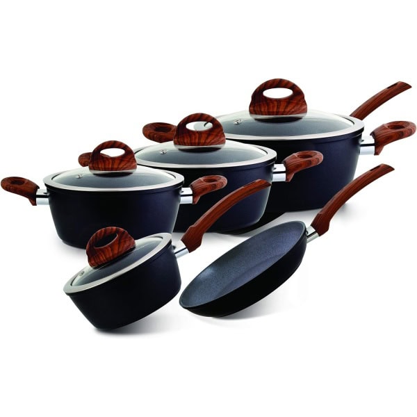 Royalford 9 Pcs Delight Marble Coated Cookware Set Black