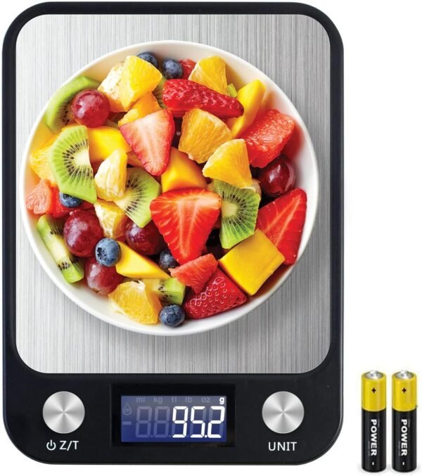 Digital Kitchen Scale Multifunction Food Scale Touch Button Ultra Slim with Large LCD Display, 11lb/5kg, 22lb/5kg, Stainless Steel (Batteries Included) (10000g/1g)