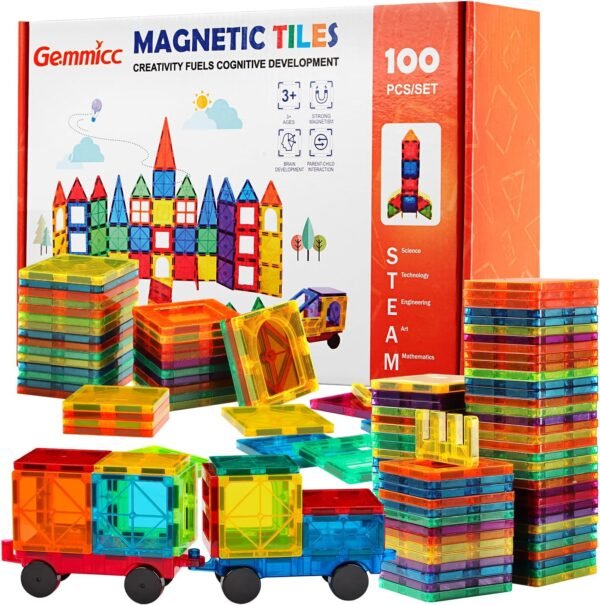 Magnetic Tiles 100 PCS w/ 2 Cars, STEM Approved Educational Magnet BuildingToys, Magnet Puzzles Stacking Blocks for Boys Girls