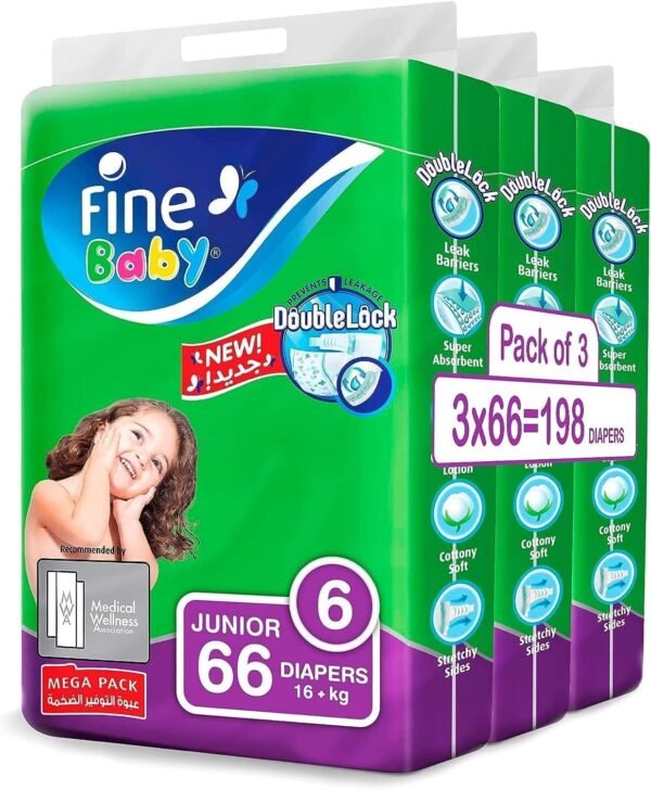 Fine Baby Double Lock, Size 6, Junior, 16+ kg, 198 Diapers (New packaging: 3x66)