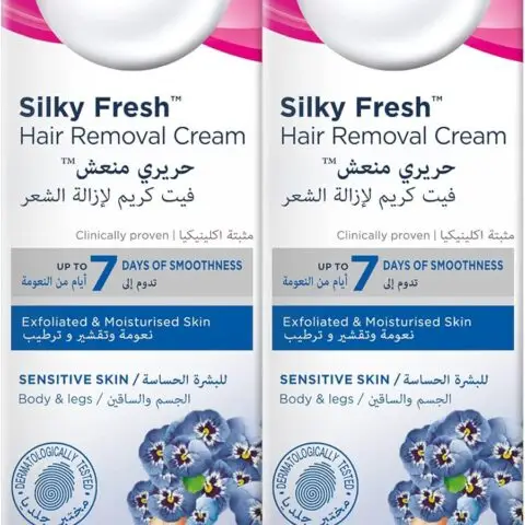 Veet Silky Fresh Hair Removal Cream Body & Legs for Sensitive Skin, Soothing Aloe Vera & Violet Blossom Fragrance – 100g Twin Pack