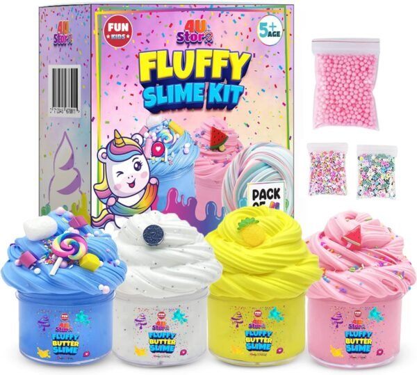 400ML Butter Slime Kit for Kids, Girls & Boys - Non-Sticky, Scented, Soft & Glossy to Make Your Own Cloud Slime – Stress Relief Party Favors & Great Gift Idea, 4 Bottles (100ml Per Bottle)