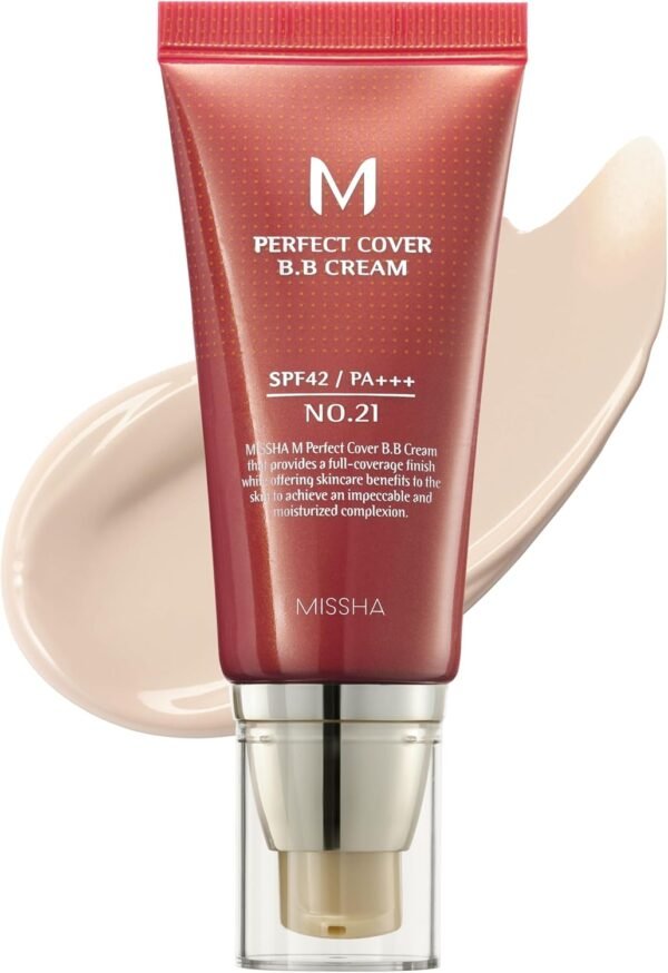 MISSHA M Perfect Cover BB Cream No.21 Light Beige for Bright Skin SPF 42 PA +++ 1.69 Fl Oz - Tinted Moisturizer for face with SPF