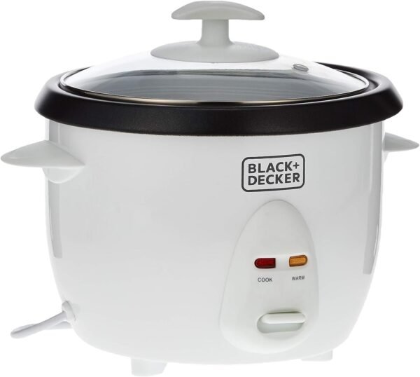 BLACK+DECKER Rice Cooker, 400W, 1L Capacity Removable Nonstick Bowl Steaming Tray, Glass Lid, Cool-Touch Design, Auto Warm Function, Water Level Indicator, Quick Meals, 220-240V, White