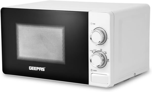 Geepas 20L Microwave Oven - 1100W Solo Microwave Oven with 5 Power Levels - Reheating, Defrost & 30 Minute Timer Function - 2 Rotary Dials - Oven for Standard Size of Dinner Plate