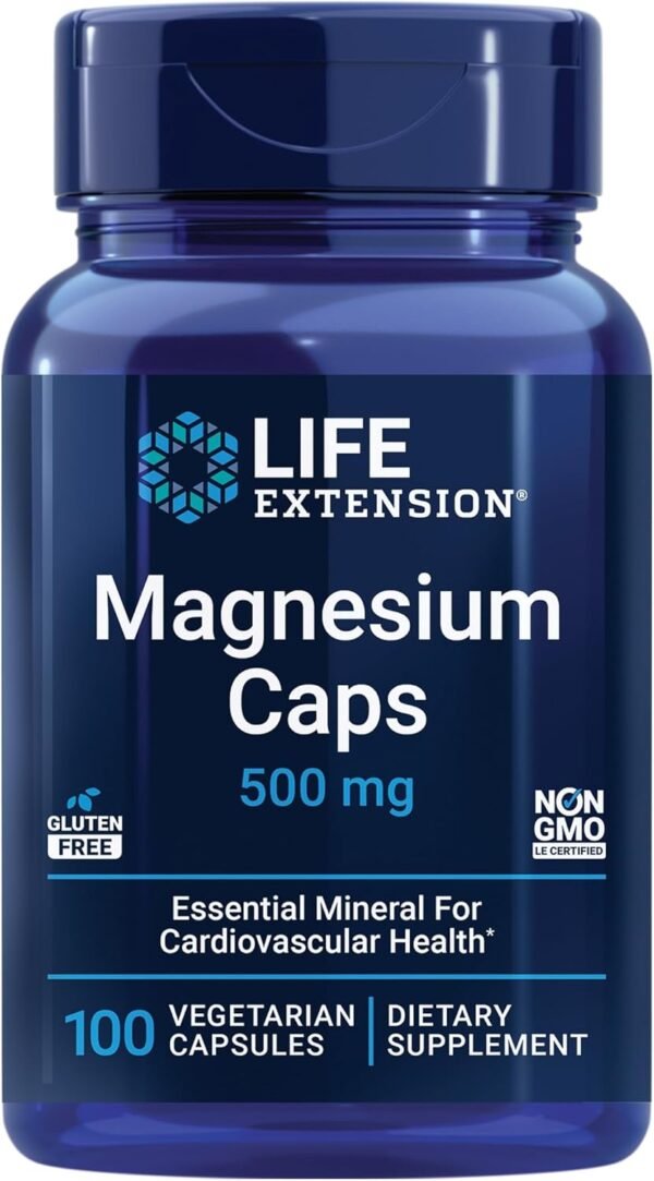 Life Extension Magnesium Caps 500 mg with Magnesium Oxide Citrate & Succinate Supports Healthy Heart and Bones Helps Metabolism Gluten-Free Non-GMO, 100 Vegetarian Capsules