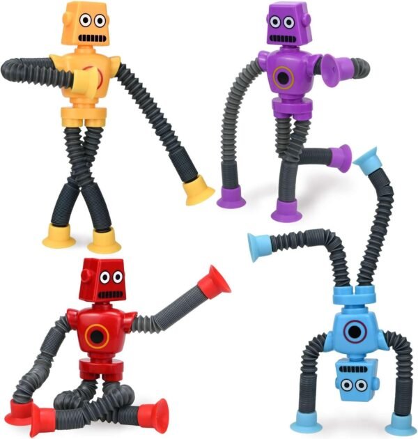 Pop Tubes Robot Fidget Toys (4 Pack) Telescopic Suction Cup Robotics Toy, Toddler Fine Motor Skills & Creative Learning, Autism Sensory Toys for Kids Age 3-6, Party Favors Boy Girl Gifts