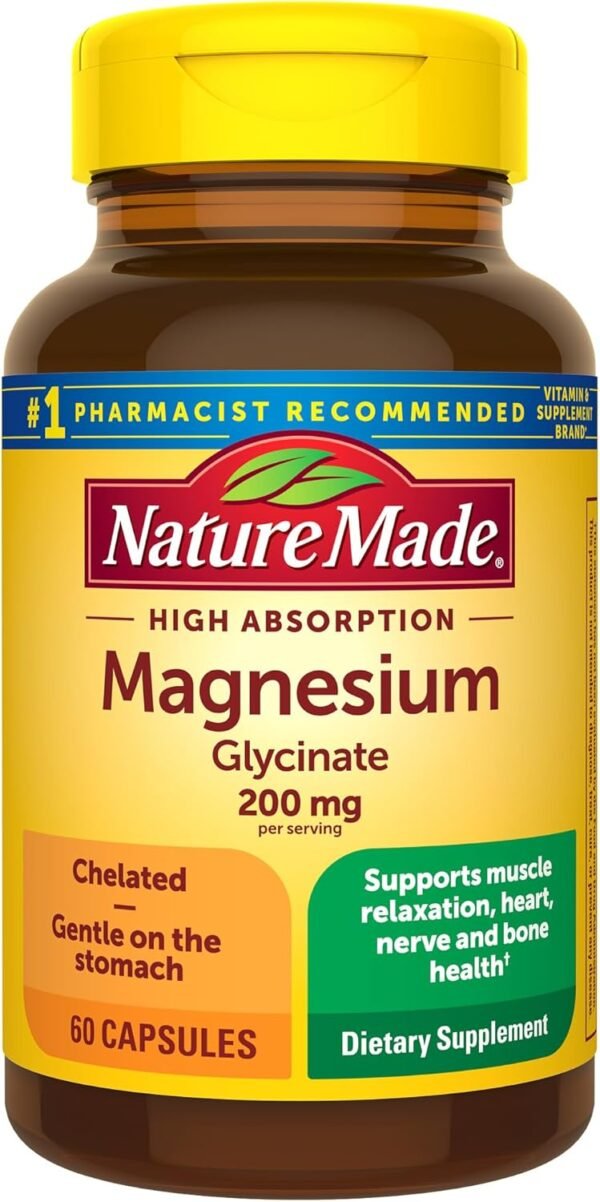 Magnesium Glycinate 200 mg per Serving Dietary Supplement for Muscle Heart Nerve and Bone Support 60 Capsules 30 Day Supply