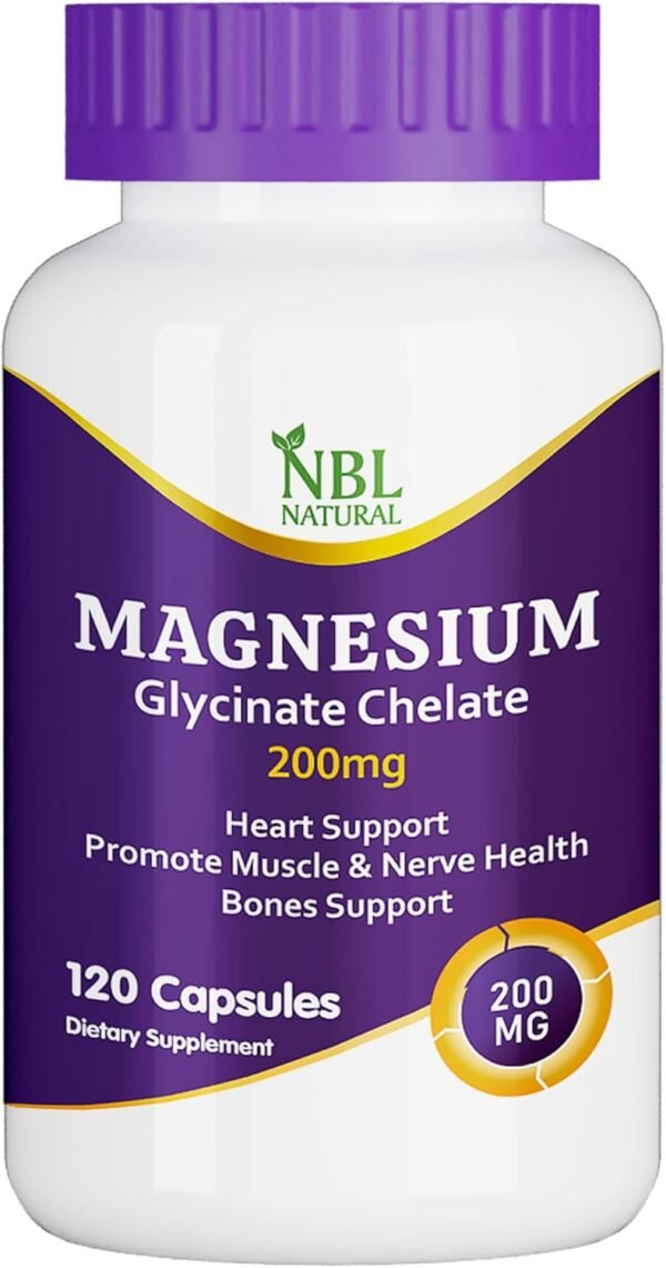 NBL NATURAL Magnesium Glycinate Chelate 200mg, Dietary Supplement for Muscle, Heart, Nerve and Bone Support, 120 Capsules