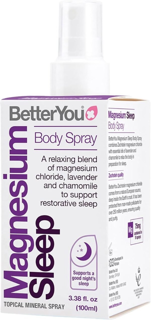 BetterYou Magnesium Sleep Body Spray Made with Zechstein Magnesium Chloride and Essential Oils, Magnesium Supplement, Natural Sleep Aid, Palm-Oil Free, 100ml (600 Sprays)