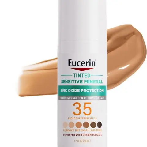 Eucerin Sun Tinted Mineral Face Sunscreen Lotion SPF 35, Non-Comedogenic Mineral Sunscreen with Gentle Zinc Oxide Protection for Sensitive Skin, 1.7 Fl Oz Bottle
