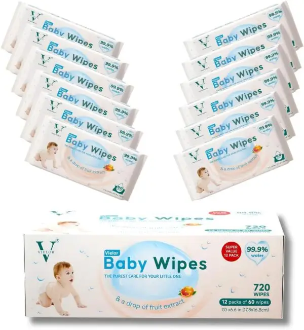 Vielor 99.9% Pure Water Baby Wipes – Ultra Thick, Soft, Biodegradable, No Plastic, No Fragrance – Safe for Newborns, Sensitive Skin – 720 Count (12 x 60)