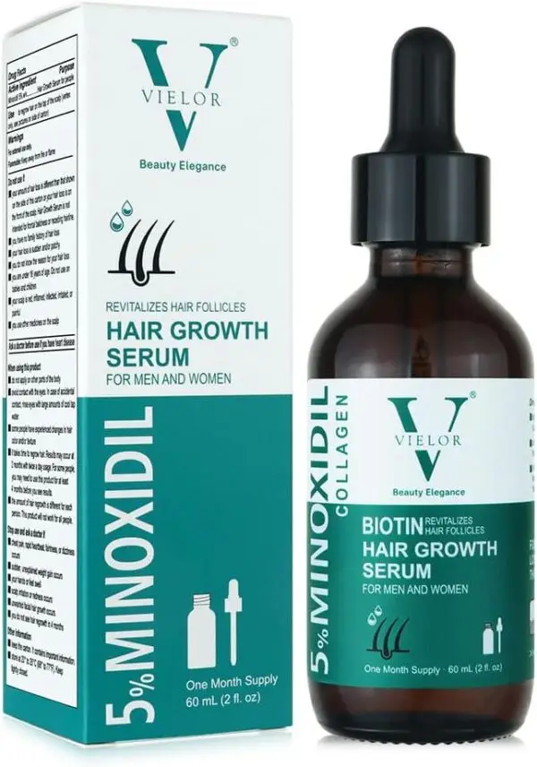 VIELOR Advanced Hair Growth Serum for Men & Women 5% Minoxidil + Biotin & Collagen Boosts Hair Regrowth Thickens & Strengthens Hair Herbal Formula for Hair Loss Treatment 60ml