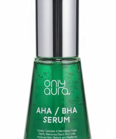 Only Aura AHA / BHA Serum in a 30ml conical glass bottle. A premium Canadian-made skincare product featuring a vibrant green formula and silver dispenser.