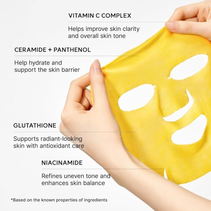 ⁦Arencia Vitamin C Booster Sheet Mask, Hydrating Face Mask with Glutathione & Niacinamide, Supports Even-Looking Skin Tone & Smooth Texture, 5 Sheets⁩ - الصورة ⁦5⁩