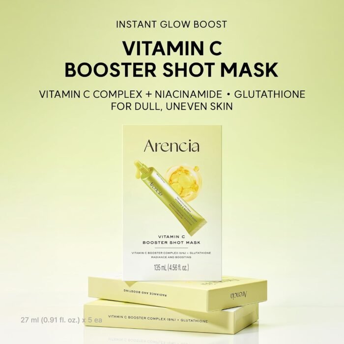 ⁦Arencia Vitamin C Booster Sheet Mask, Hydrating Face Mask with Glutathione & Niacinamide, Supports Even-Looking Skin Tone & Smooth Texture, 5 Sheets⁩ - الصورة ⁦2⁩