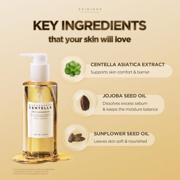 ⁦SKIN1004 Madagascar Centella Light Cleansing Oil, 200ml | Deep Cleansing | Gentle and Non-Irritating Formula | Removes Makeup and Impurities | Moisturizes Skin | Gentle Oil Cleanser for Deep Cleansing, Daily Makeup Remover, Facial Cleanser with Madagascar Centella, Korean Skin Care⁩ - الصورة ⁦6⁩