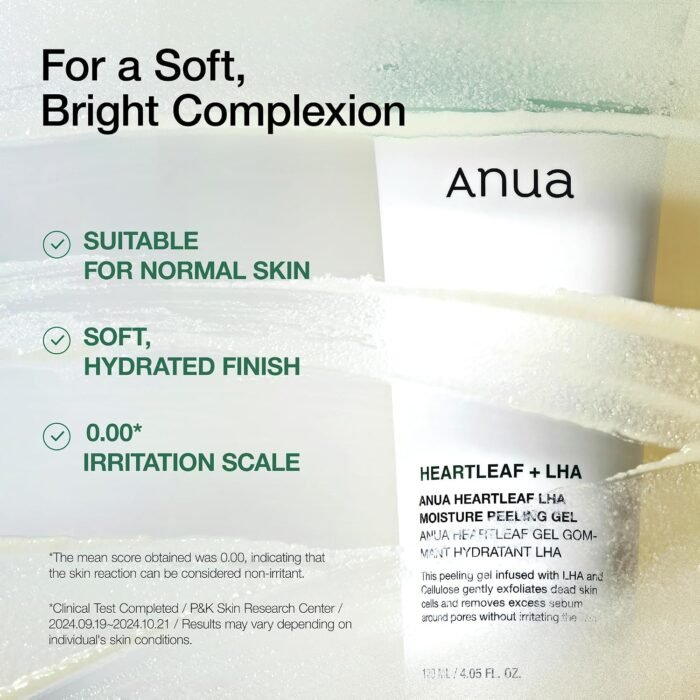 ⁦ANUA Heartleaf LHA Moisture Peeling Gel, Gentle Exfoliation, Hydrating Facial Peel, Pore Care, Dead Skin Removal, Natural Cellulose for Soothing, Vegan, Korean Skin Care (120ml/4.05 fl.oz.)⁩ - الصورة ⁦5⁩
