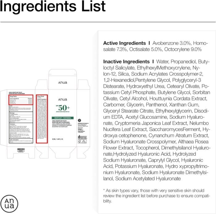 ⁦Anua Heartleaf Silky Moisture Mild Sunscreen, Broad Spectrum SPF 50+ with Moisturizing Formula, Lightweight Korean Sunscreen, Natural finish, Vegan, korean skin care 50ml / 1.69 fl. oz.⁩ - الصورة ⁦9⁩
