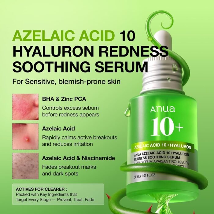 ⁦Anua Azelaic Acid 10 Hyaluron Redness Soothing Serum, Facial Serum for Sensitive skin, Hyaluronic Acid, Niacinamide, Spot Care, Natural Color, Vegan, Korean Skincare (30ml/ 1.01 fl oz.)⁩ - الصورة ⁦3⁩
